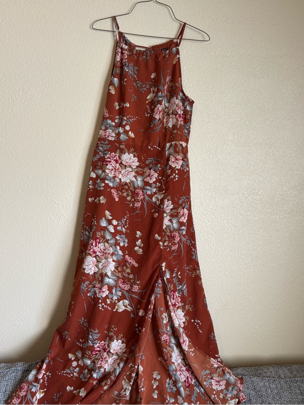 SHEIN Rust Floral Halter Maxi Dress with Pink & Cream Blooms